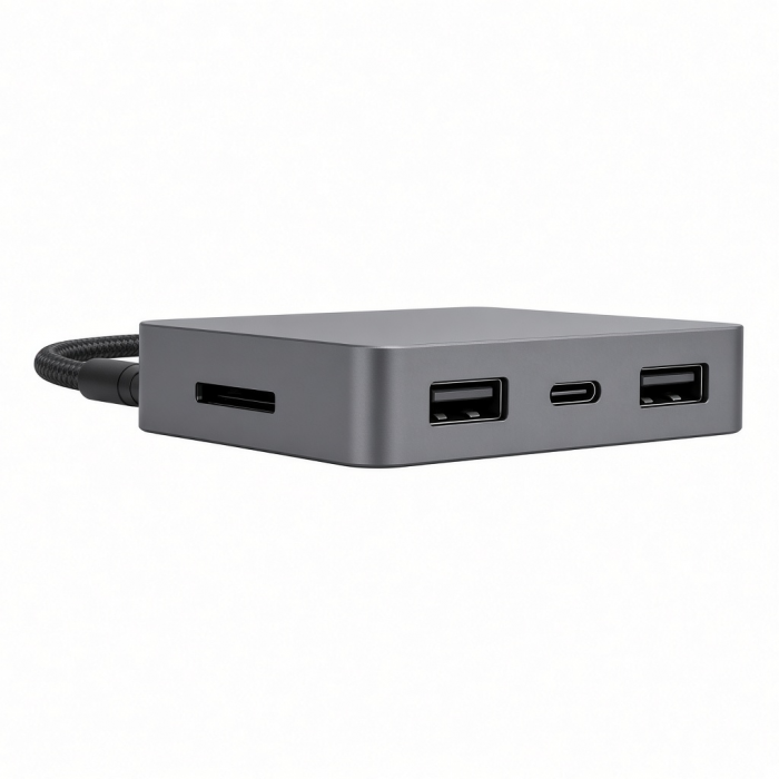 USB-C Desktop Hub, Aluminum Alloy, Gray, 3-Port USB Expansion with Card Slot