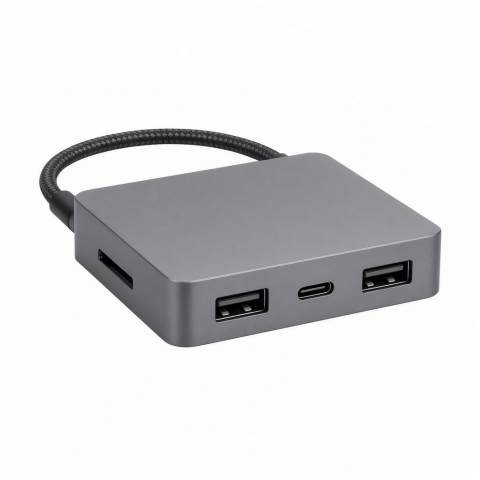 USB-C Desktop Hub, Aluminum Alloy, Gray, 3-Port USB Expansion with Card Slot