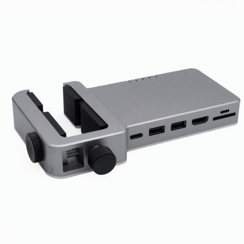 Aluminum USB-C Clamp Hub, Gray, Dual USB-A, HDMI, SD Card Ports