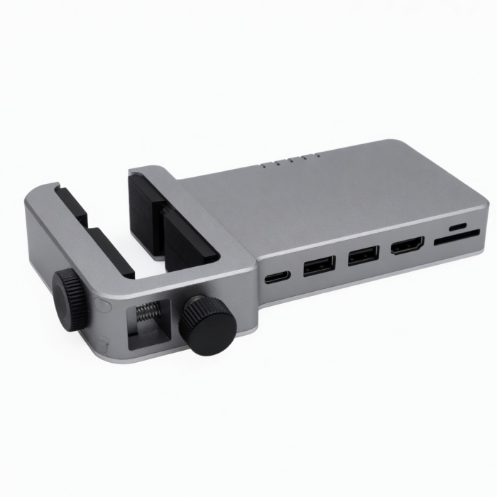 Aluminum USB-C Clamp Hub, Gray, Dual USB-A, HDMI, SD Card Ports