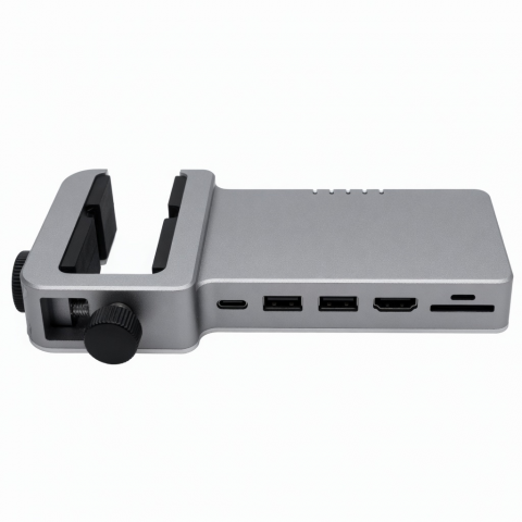 Aluminum USB-C Clamp Hub, Gray, Dual USB-A, HDMI, SD Card Ports