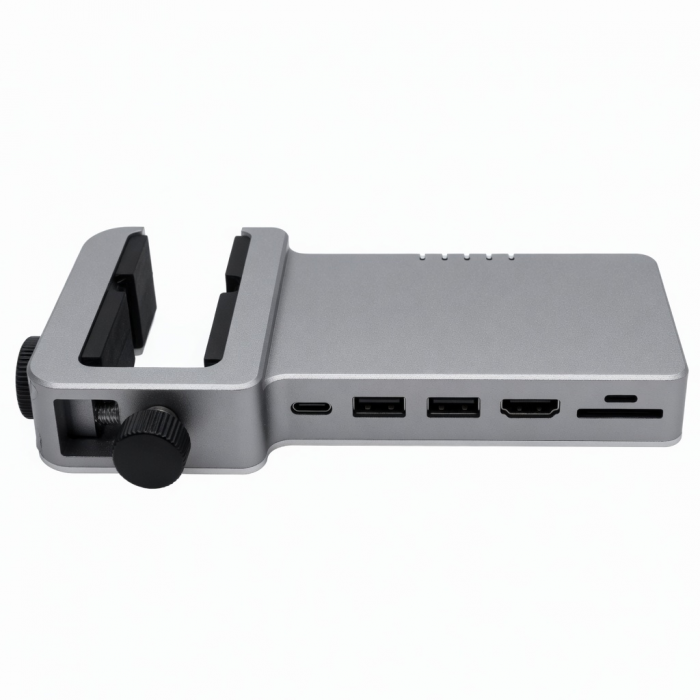 Aluminum USB-C Clamp Hub, Gray, Dual USB-A, HDMI, SD Card Ports