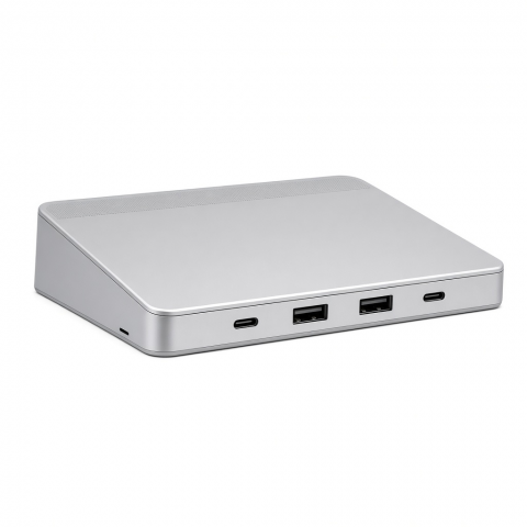 Aluminum Monitor Stand USB Hub, Silver, 4-Port Type-C Docking Station