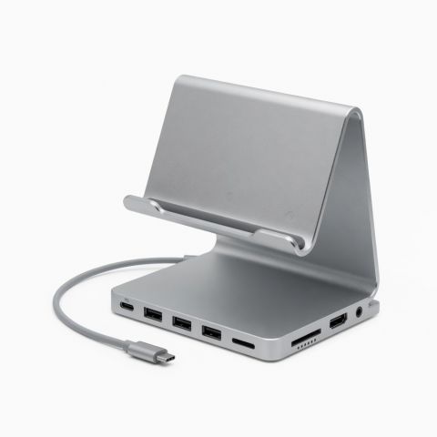 Aluminum Desktop Stand and Hub, Type-C Ports, Silver