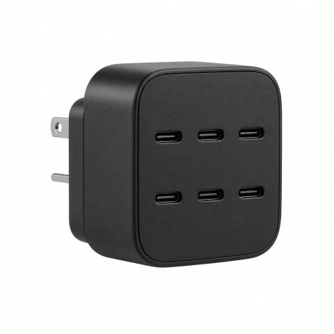200W USB-C GaN Wall Charger, 6-Port Black Power Adapter