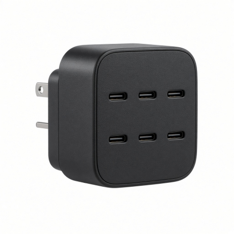 200W USB-C GaN Wall Charger, 6-Port Black Power Adapter