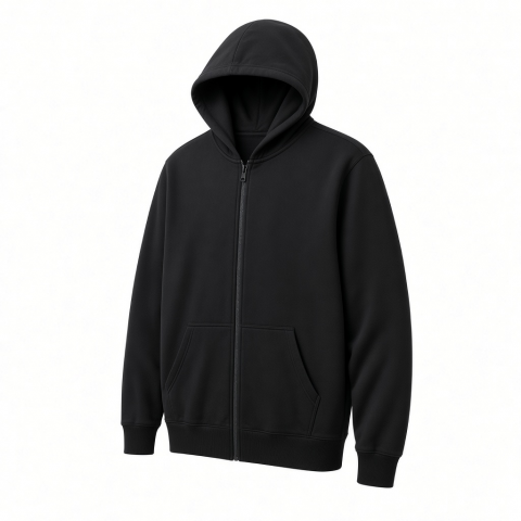 Black Full-Zip Hoodie with Kangaroo Pockets Ribbed Cuffs