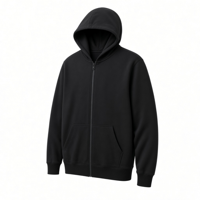 Black Full-Zip Hoodie with Kangaroo Pockets Ribbed Cuffs