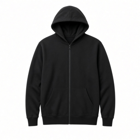 Black Full-Zip Hoodie with Kangaroo Pockets Ribbed Cuffs