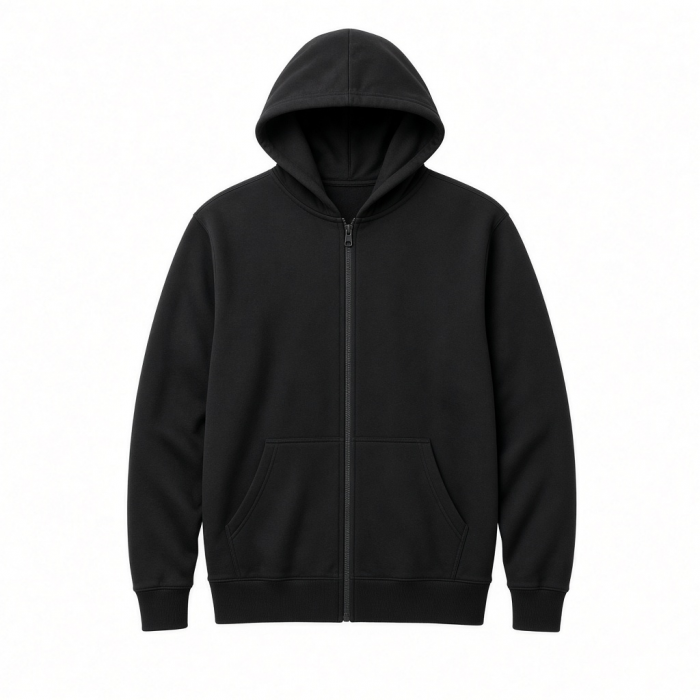 Black Full-Zip Hoodie with Kangaroo Pockets Ribbed Cuffs