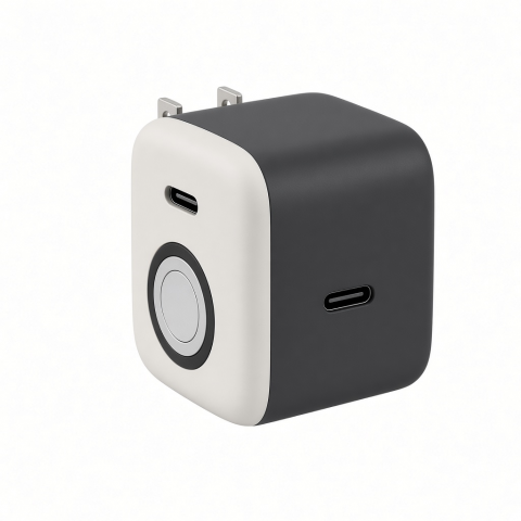 2-in-1 USB-C Wall Charger, Dual-Sided Ports, Magnetic Watch Charging Pad, Black and White
