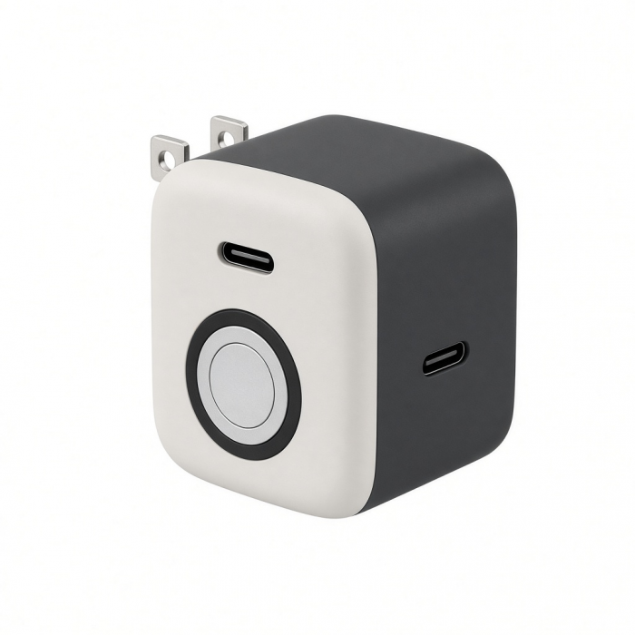 2-in-1 USB-C Wall Charger, Dual-Sided Ports, Magnetic Watch Charging Pad, Black and White