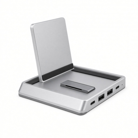 Desktop Computer Stand Hub, NVMe SSD Enclosure, Silver Aluminum