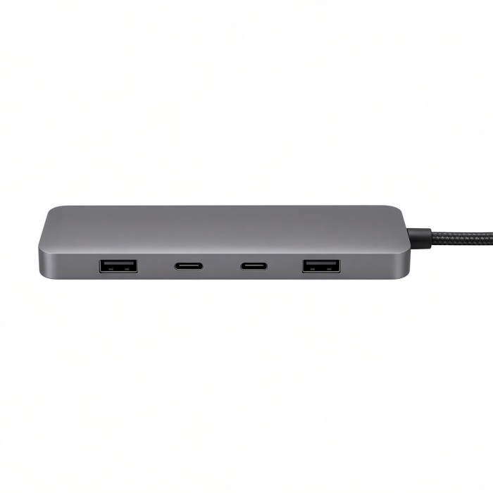 4-Port Aluminum USB Hub, Gray, Dual USB-C and USB-A Ports