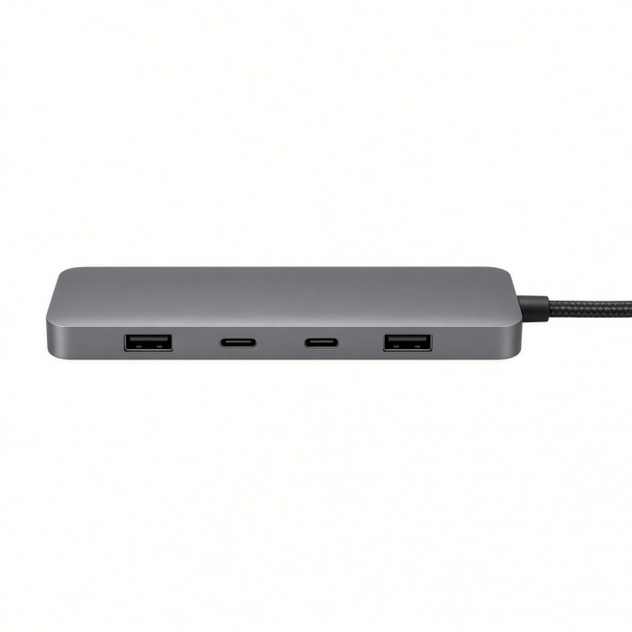 4-Port Aluminum USB Hub, Gray, Dual USB-C and USB-A Ports