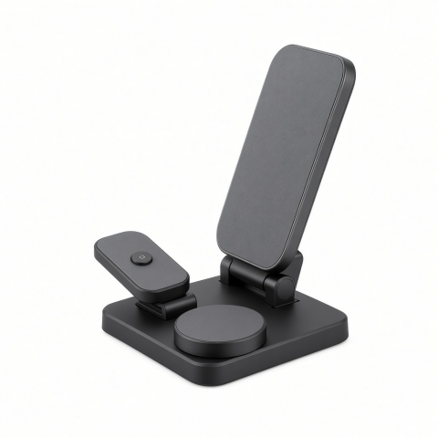 3-in-1 Foldable Wireless Charging Stand, Black Qi2 Charger Dock