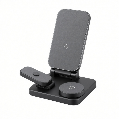 3-in-1 Foldable Wireless Charging Stand, Black Qi2 Charger Dock