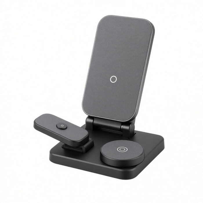 3-in-1 Foldable Wireless Charging Stand, Black Qi2 Charger Dock