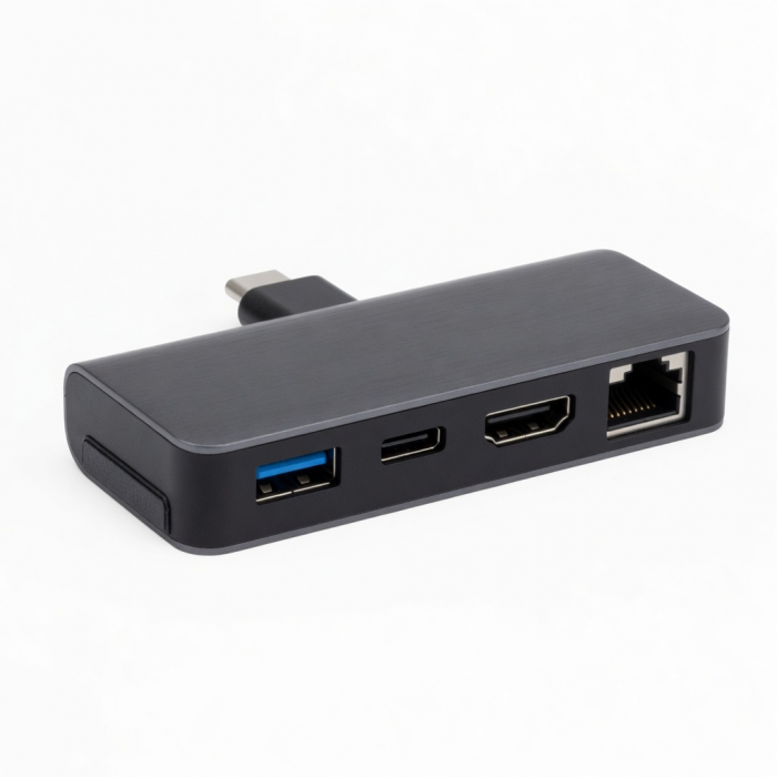 USB-C Hub with Ethernet, HDMI, USB-A and USB-C Ports, Black, 4-in-1