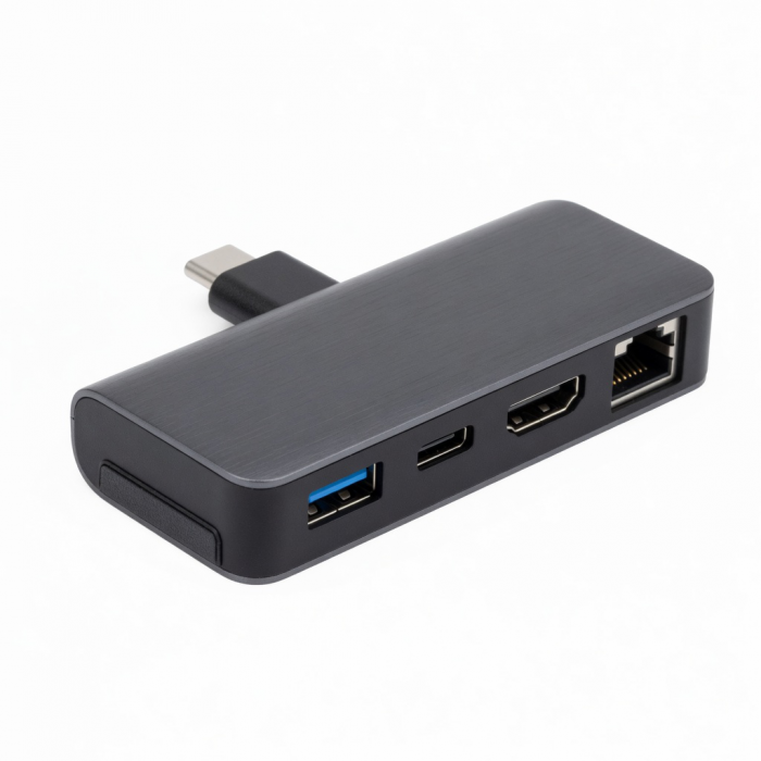 USB-C Hub with Ethernet, HDMI, USB-A and USB-C Ports, Black, 4-in-1