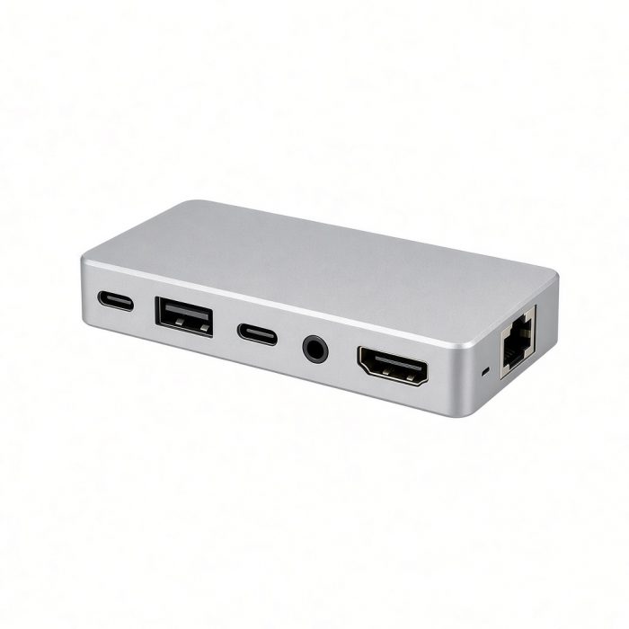 7-in-1 USB-C Multiport Adapter with Ethernet, HDMI, USB-A, Audio, Silver Aluminum Hub