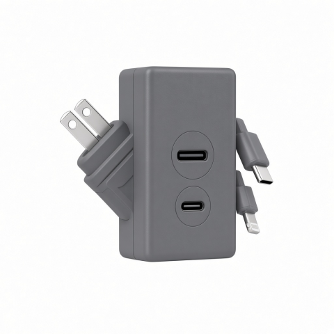 3-in-1 Wall Charger with Dual USB-C Ports and Built-In Charging Cables, Gray