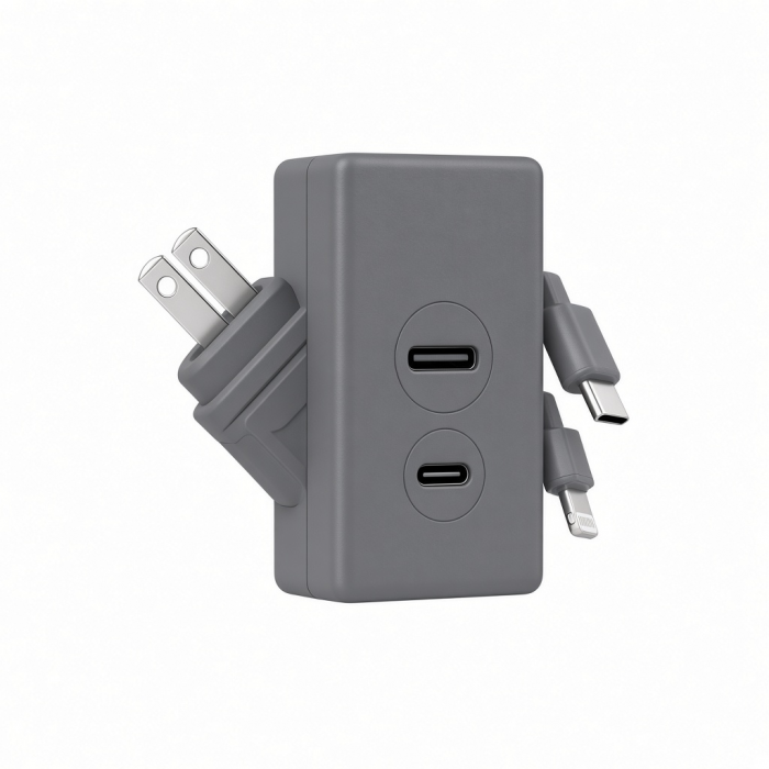 3-in-1 Wall Charger with Dual USB-C Ports and Built-In Charging Cables, Gray