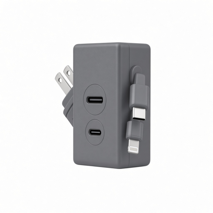 3-in-1 Wall Charger with Dual USB-C Ports and Built-In Charging Cables, Gray
