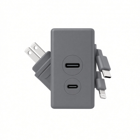 3-in-1 Wall Charger with Dual USB-C Ports and Built-In Charging Cables, Gray