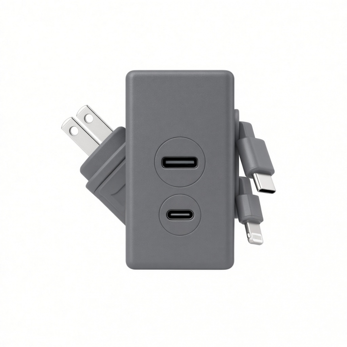 3-in-1 Wall Charger with Dual USB-C Ports and Built-In Charging Cables, Gray