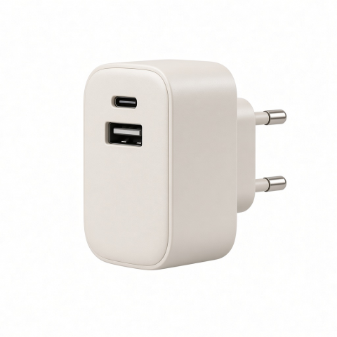 2-in-1 USB Wall Charger with USB-C and USB-A Ports, White, Dual-Port Power Adapter