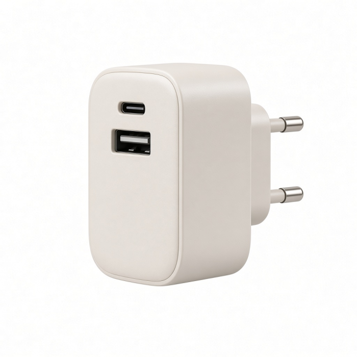 2-in-1 USB Wall Charger with USB-C and USB-A Ports, White, Dual-Port Power Adapter
