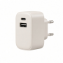 2-in-1 USB Wall Charger with USB-C and USB-A Ports, White, Dual-Port Power Adapter
