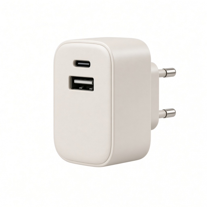 2-in-1 USB Wall Charger with USB-C and USB-A Ports, White, Dual-Port Power Adapter