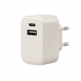 2-in-1 USB Wall Charger with USB-C and USB-A Ports, White, Dual-Port Power Adapter