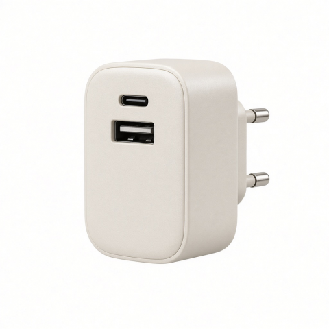 2-in-1 USB Wall Charger with USB-C and USB-A Ports, White, Dual-Port Power Adapter