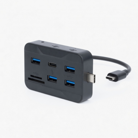 USB-C Hub with 4 USB-A Ports, SD and MicroSD Card Readers, Pass-Through Port, Black