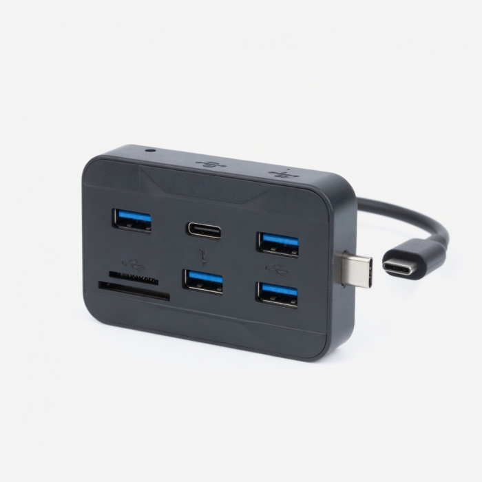 USB-C Hub with 4 USB-A Ports, SD and MicroSD Card Readers, Pass-Through Port, Black