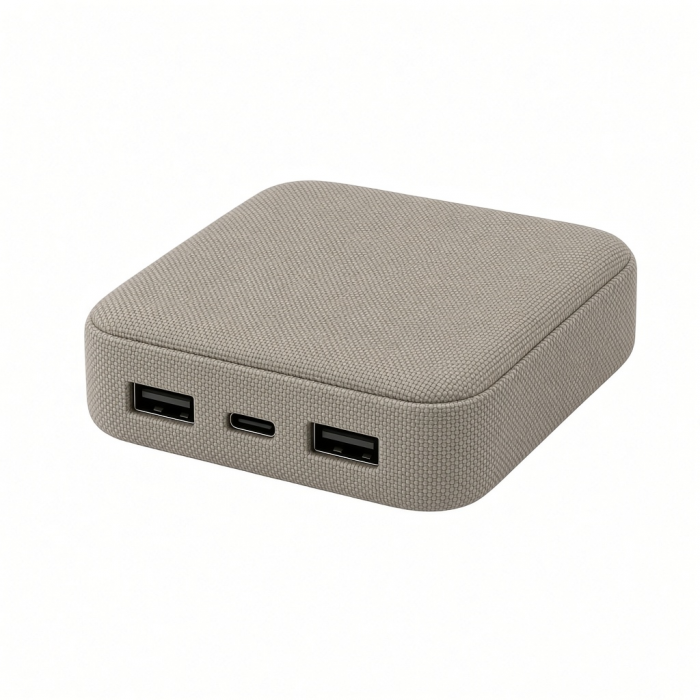 10000mAh Power Bank, Gray Fabric, Dual USB and USB-C Ports