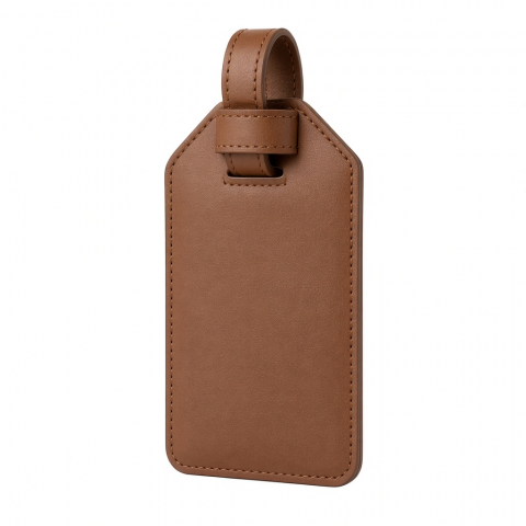 Vegan Leather Luggage Tag, Brown, Stitched ID Card Holder