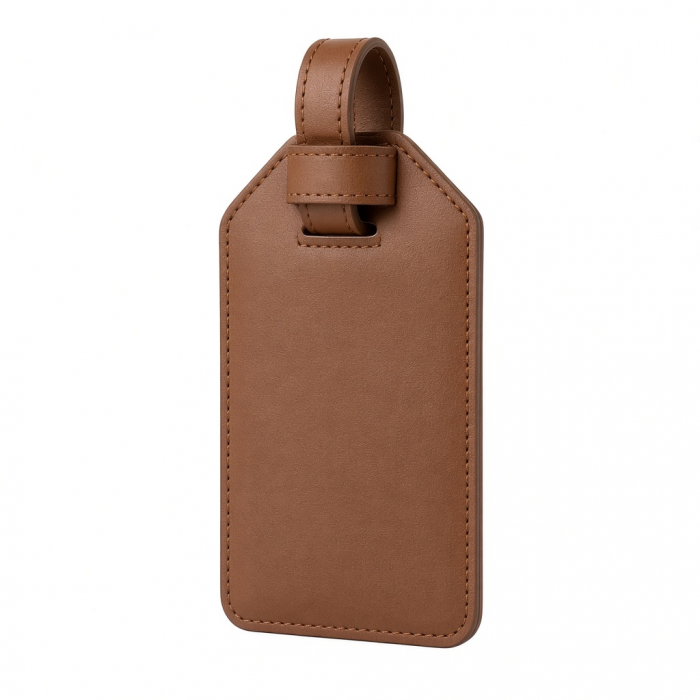 Vegan Leather Luggage Tag, Brown, Stitched ID Card Holder