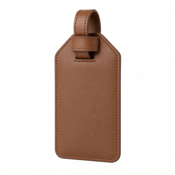 Vegan Leather Luggage Tag, Brown, Stitched ID Card Holder