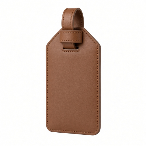 Vegan Leather Luggage Tag, Brown, Stitched ID Card Holder