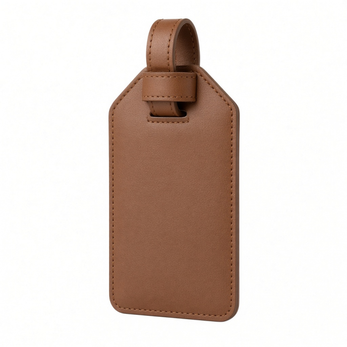 Vegan Leather Luggage Tag, Brown, Stitched ID Card Holder