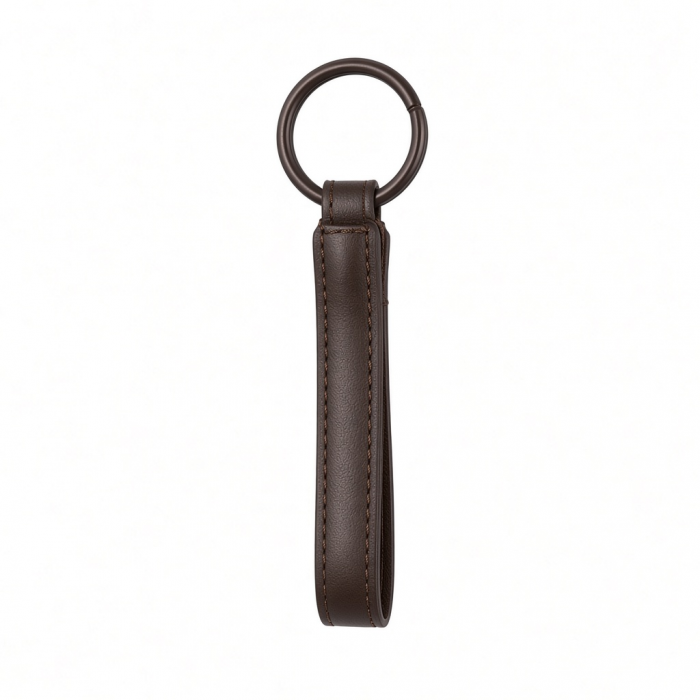 Vegan Leather Keychain Strap with Metal Ring, Dark Brown, Stitched Finish