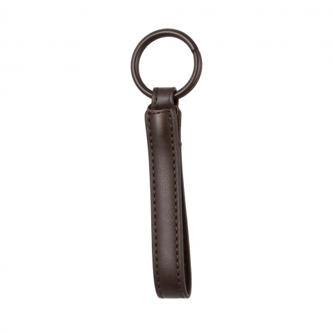 Vegan Leather Keychain Strap with Metal Ring, Dark Brown, Stitched Finish